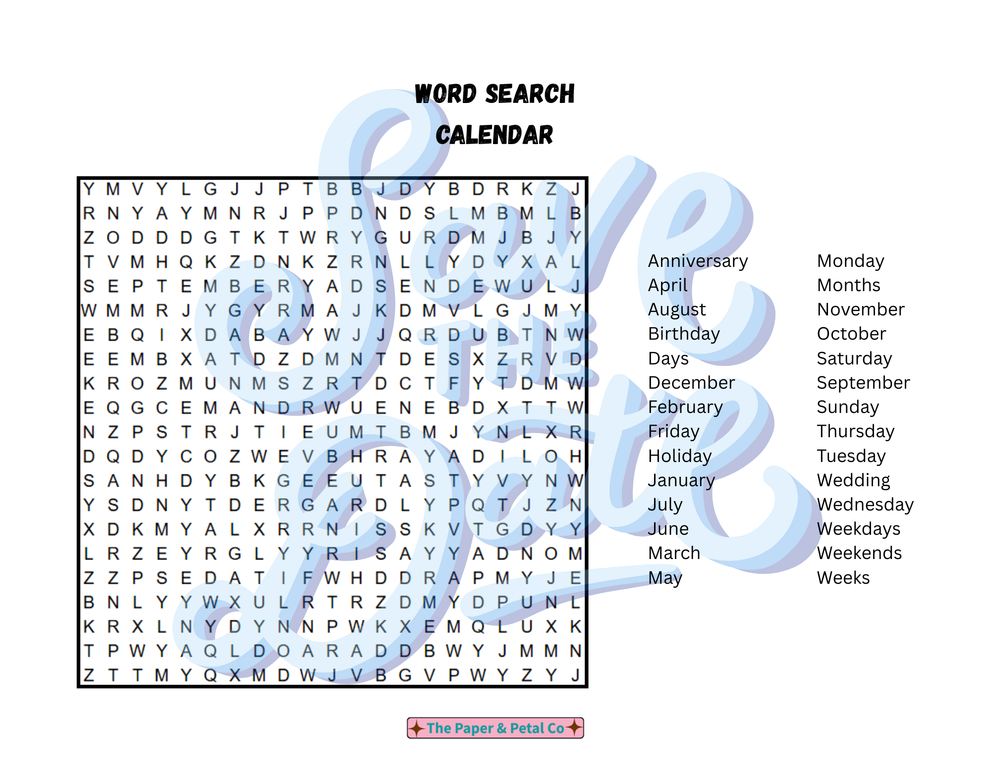 Calendar Word Search Puzzle
